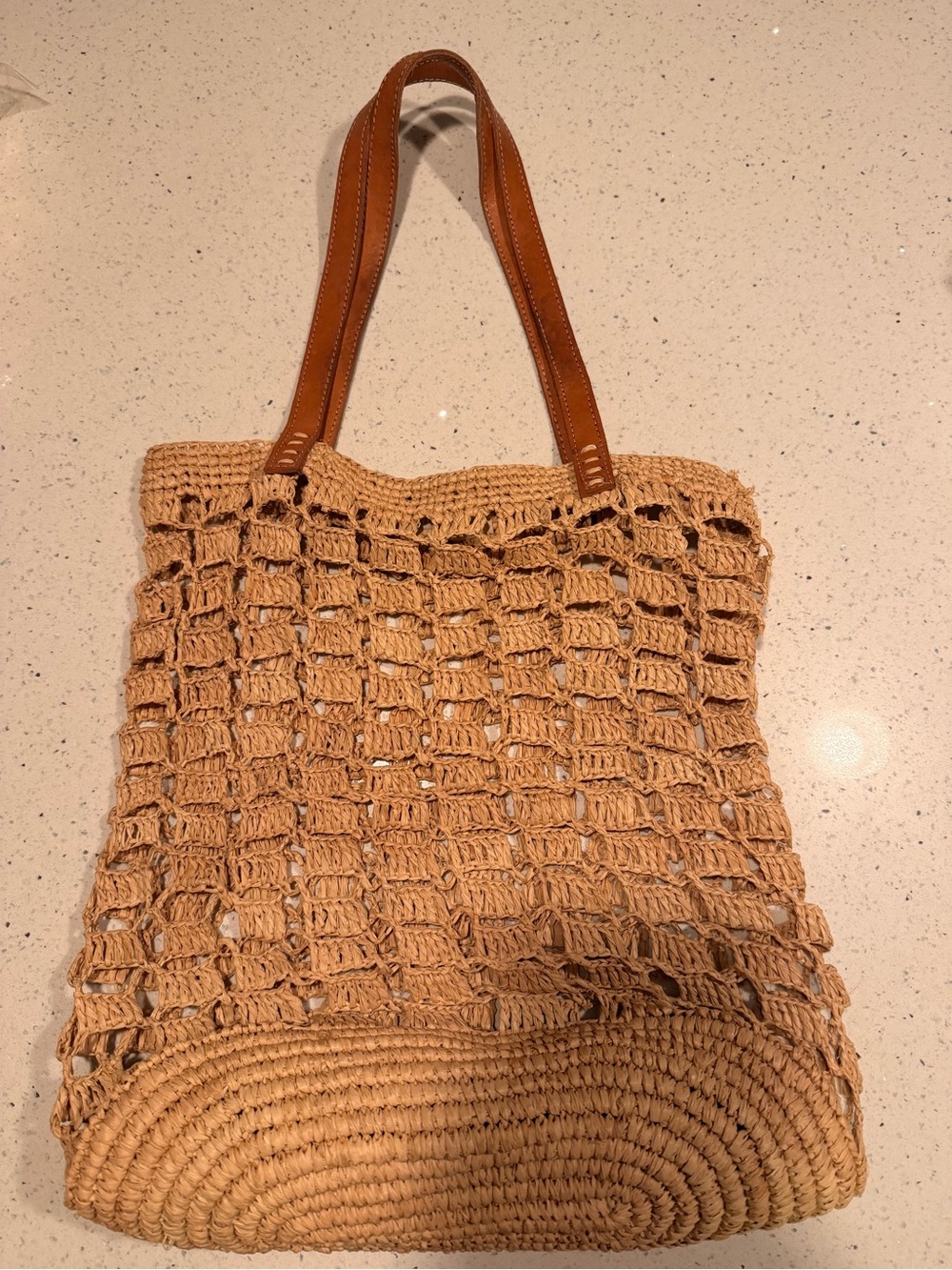 Neutral Beige Woven Tote with Brown Handles